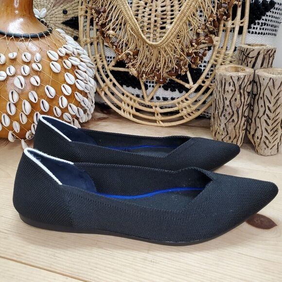 Rothy's Women 9.5/41 Ballet Flat Pointed Toe Knit White Stripe Sustainable Black - Picture 1 of 12